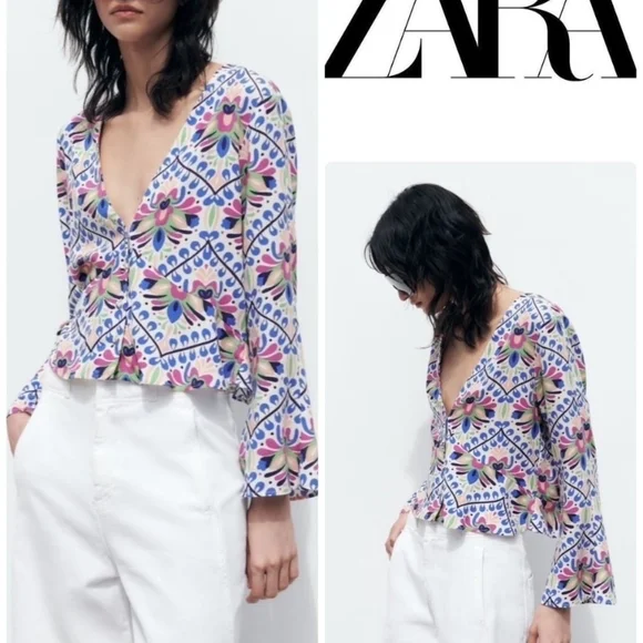 Zara Cream Floral Wrap Blouse with Pink, Blue & Green Motif - Picture 2 of 6
